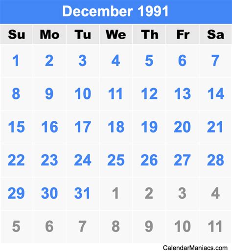 Calendar December 1991
