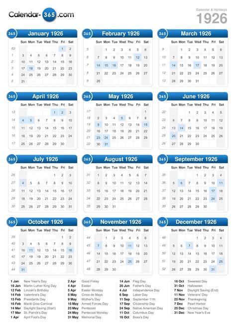 Calendar For 1926