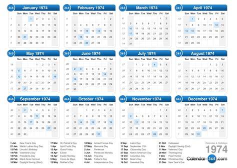 Calendar For 1974