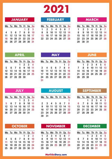 Calendar For 2021 With Holidays
