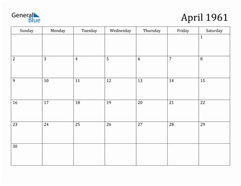 Calendar For April 1961