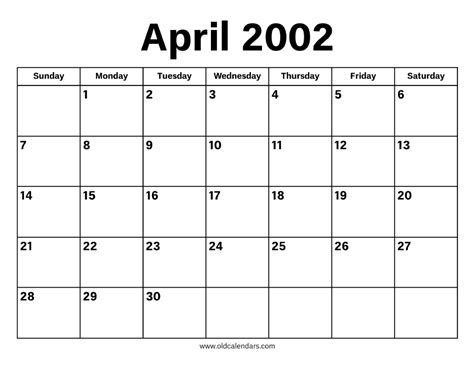 Calendar For April 2002