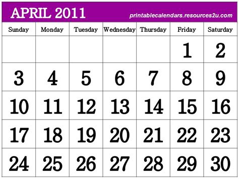 Calendar For April 2011