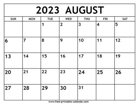 Calendar For August 1973