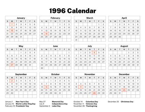 Calendar For August 1996