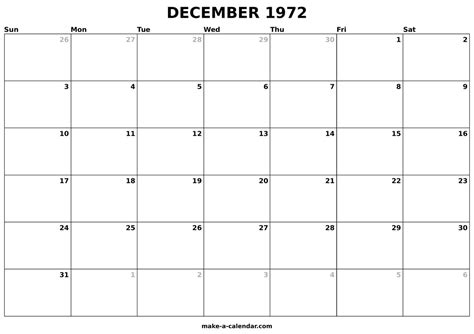 Calendar For December 1972