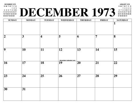 Calendar For December 1973