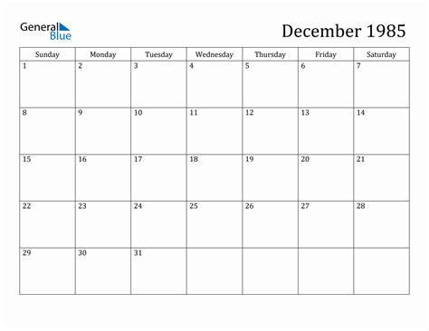 Calendar For December 1985
