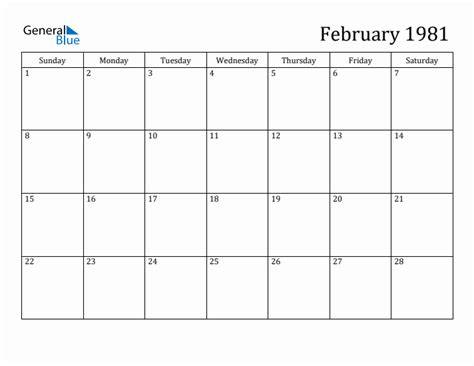 Calendar For February 1981