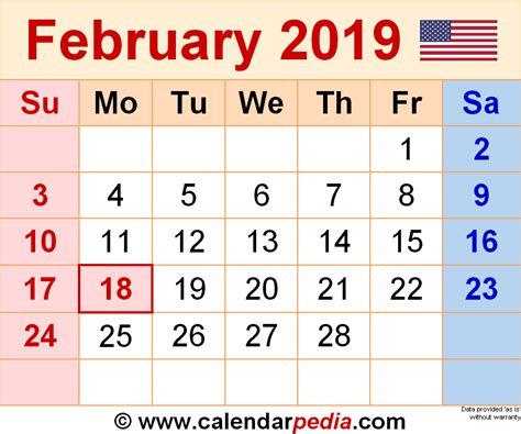 Calendar For February 2019