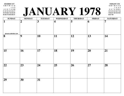 Calendar For January 1978