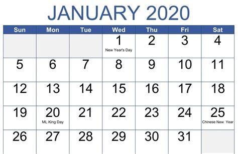 Calendar For January 2020