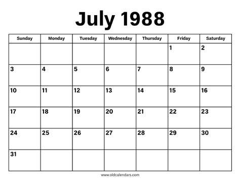 Calendar For July 1988