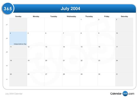 Calendar For July 2004
