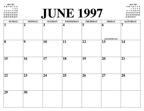 Calendar For June 1997