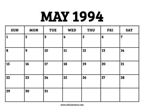Calendar For May 1994