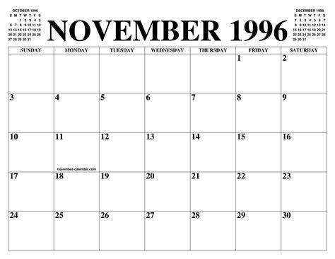 Calendar For November 1996