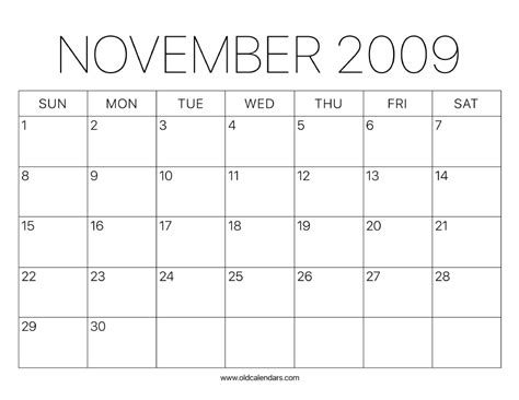 Calendar For November 2009