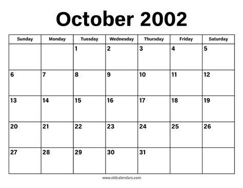 Calendar For October 2002