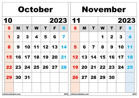 Calendar For October And November