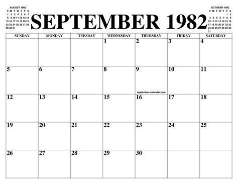 Calendar For September 1982