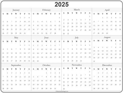 Calendar For The Year 2025