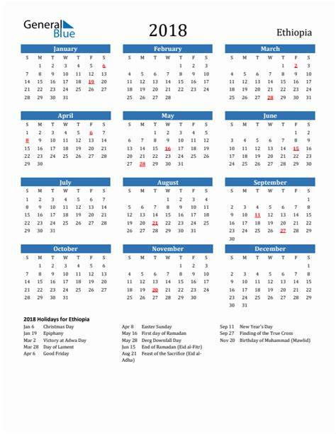 Calendar For The Year Of 2018