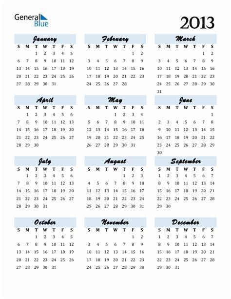 Calendar For Year 2013