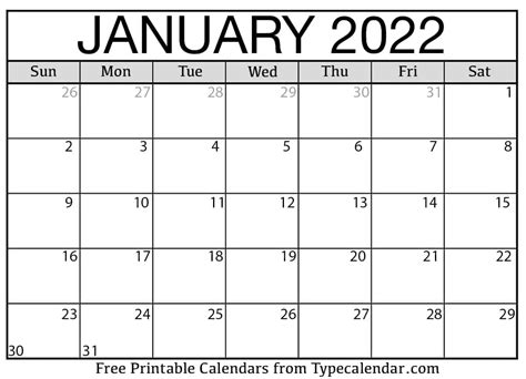Calendar January 2022