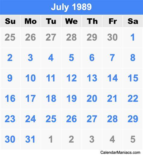 Calendar July 1989