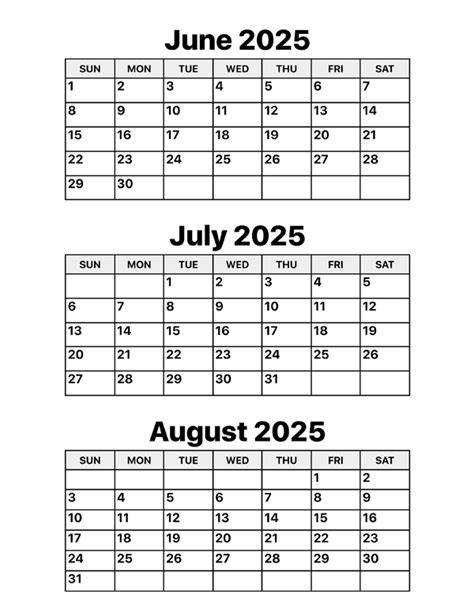 Calendar June July August 2025