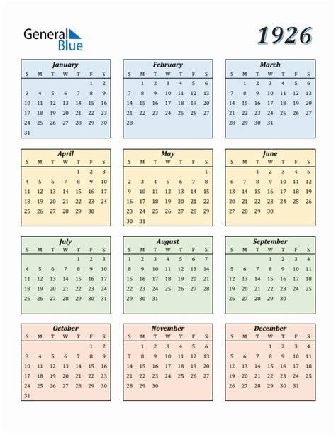 Calendar Of 1926