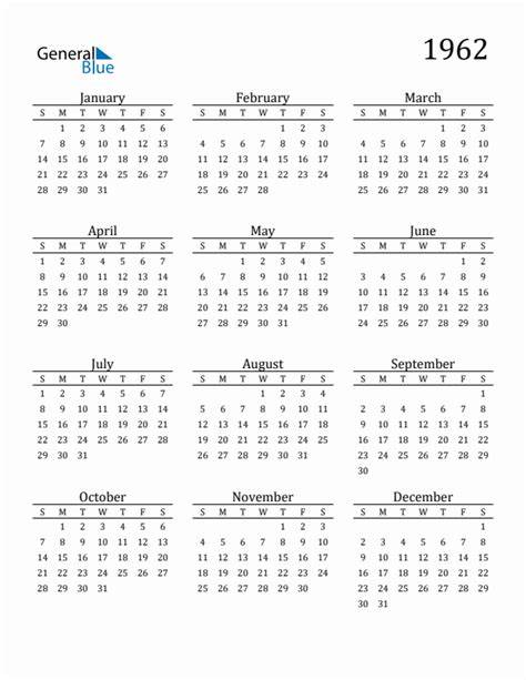 Calendar Of 1962