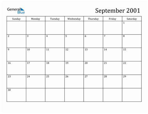 Calendar Of 2001 September