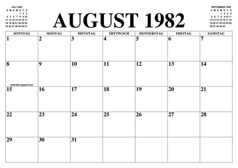 Calendar Of August 1982