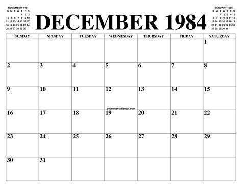 Calendar Of December 1984