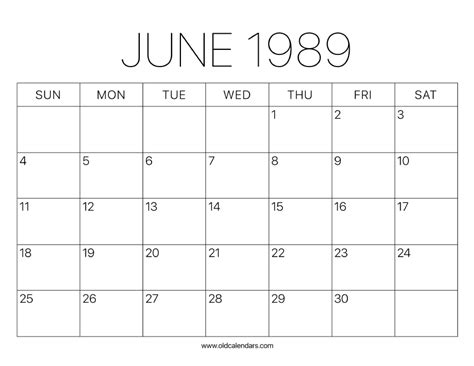 Calendar Of June 1989