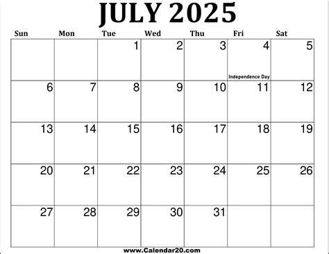 Calendar Printable July 2025