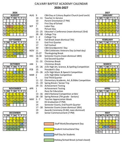 Calvary Baptist School Calendar