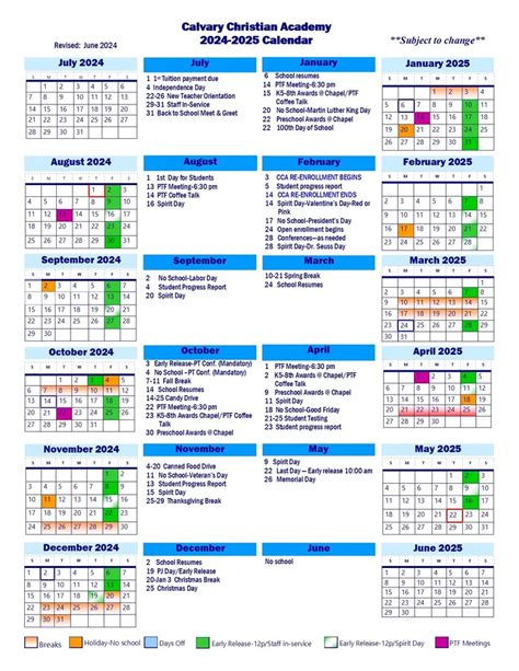 Calvary Christian Academy School Calendar