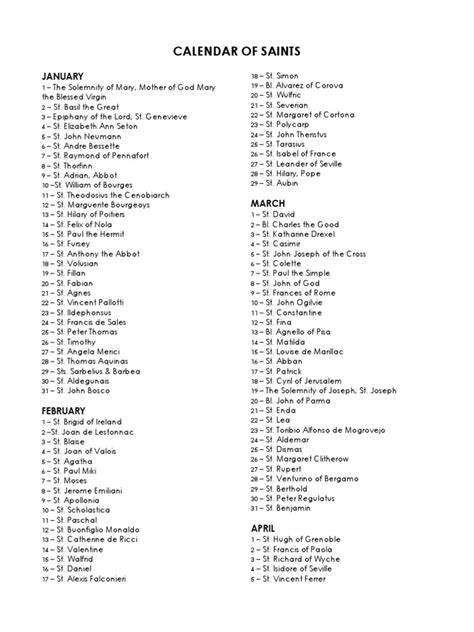 Catholic Calendar Of Saints