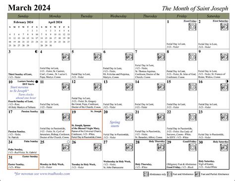 Catholic Feast Day Calendar