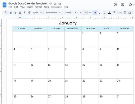 google docs calendar template