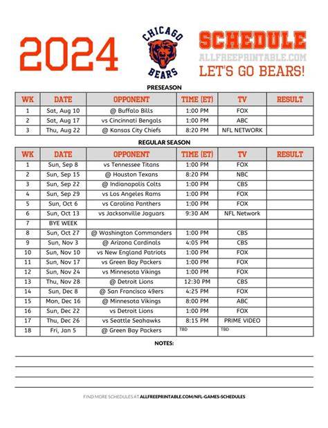 Chicago Bears 2024 Schedule Printable
