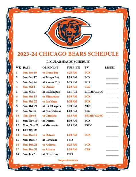 Chicago Bears Printable Schedule 2024
