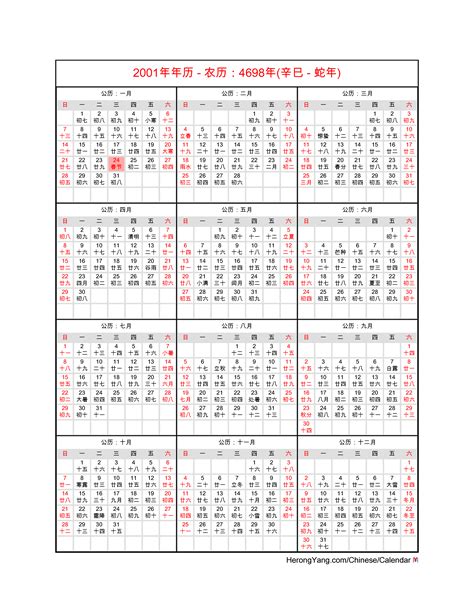 Chinese Calendar 2001