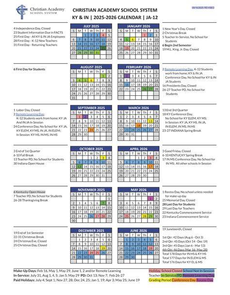 Christian Academy School Calendar
