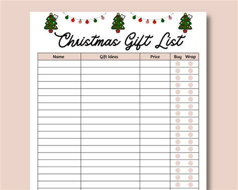 Christmas Gift List Printable