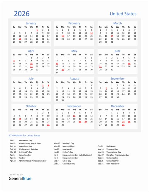 2026 calendar with holidays