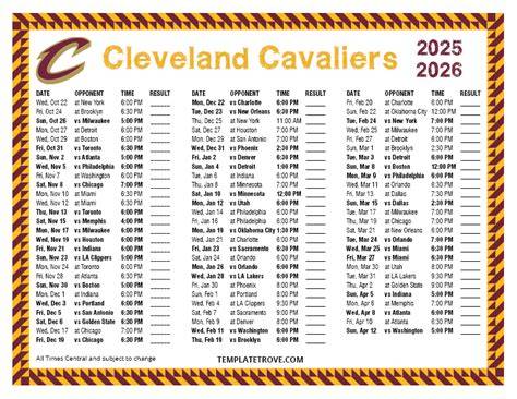 Cleveland Cavaliers Printable Schedule